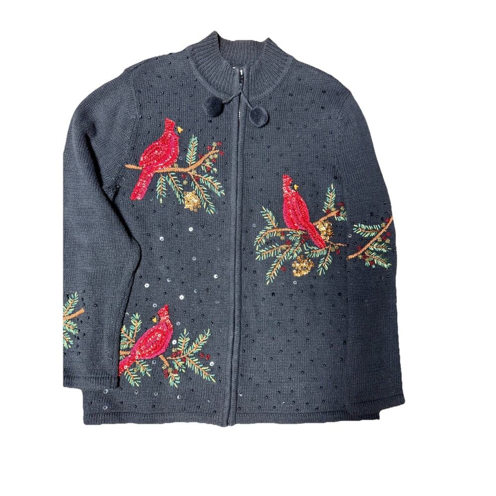 Quacker Factory Cardinal Christmas Sweater S‎ Black Sequin Bird Holiday Cardigan